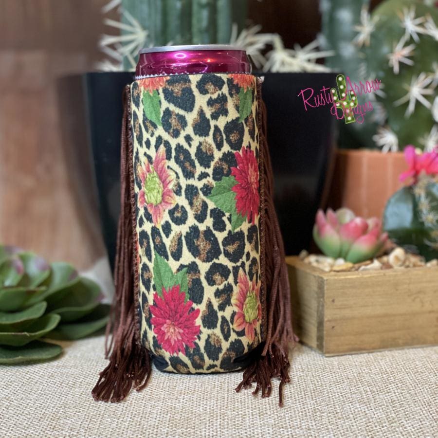 Slim Red and Coral Roses  Fringe Koozie