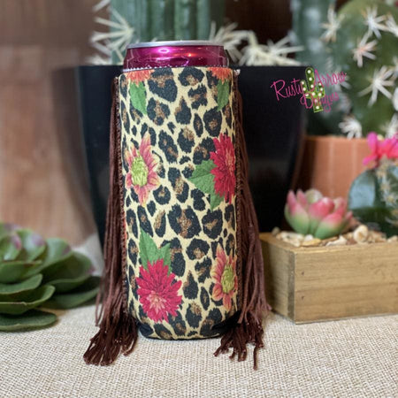 Slim Black and White Cactus with Arrow  Fringe Koozie