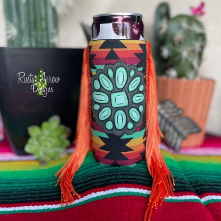 Slim Black and White Cactus with Arrow  Fringe Koozie