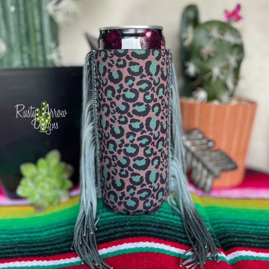 Slim Taupe and Turquoise Cheetah Fringe Koozie
