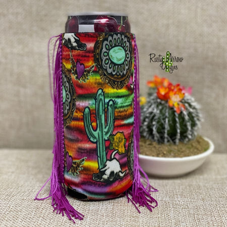 Slim Black and White Cactus with Arrow  Fringe Koozie