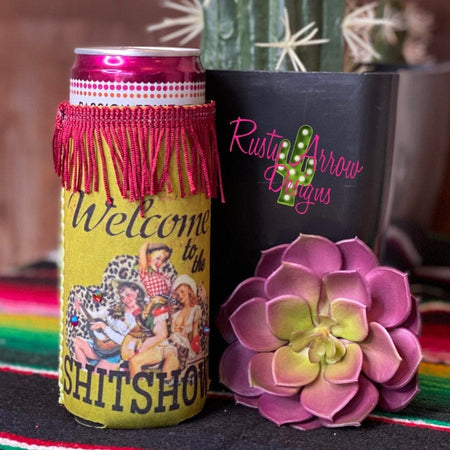 Slim Black and White Cactus with Arrow  Fringe Koozie