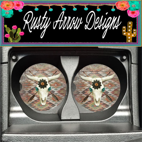 Southwest Skull and Arrows Set of 2 Car Coasters - Car Coasters