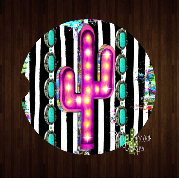 Stripe Turquoise Cactus Set of 2 Car Coasters - Car Coasters