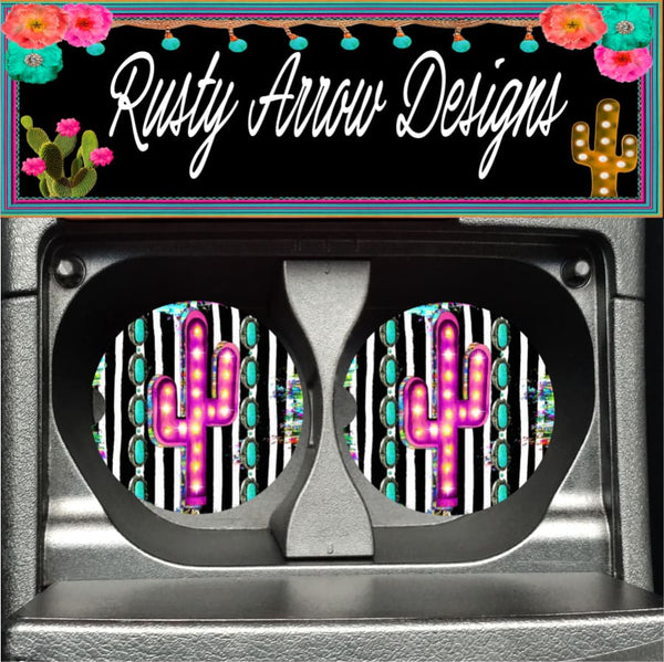 Stripe Turquoise Cactus Set of 2 Car Coasters - Car Coasters