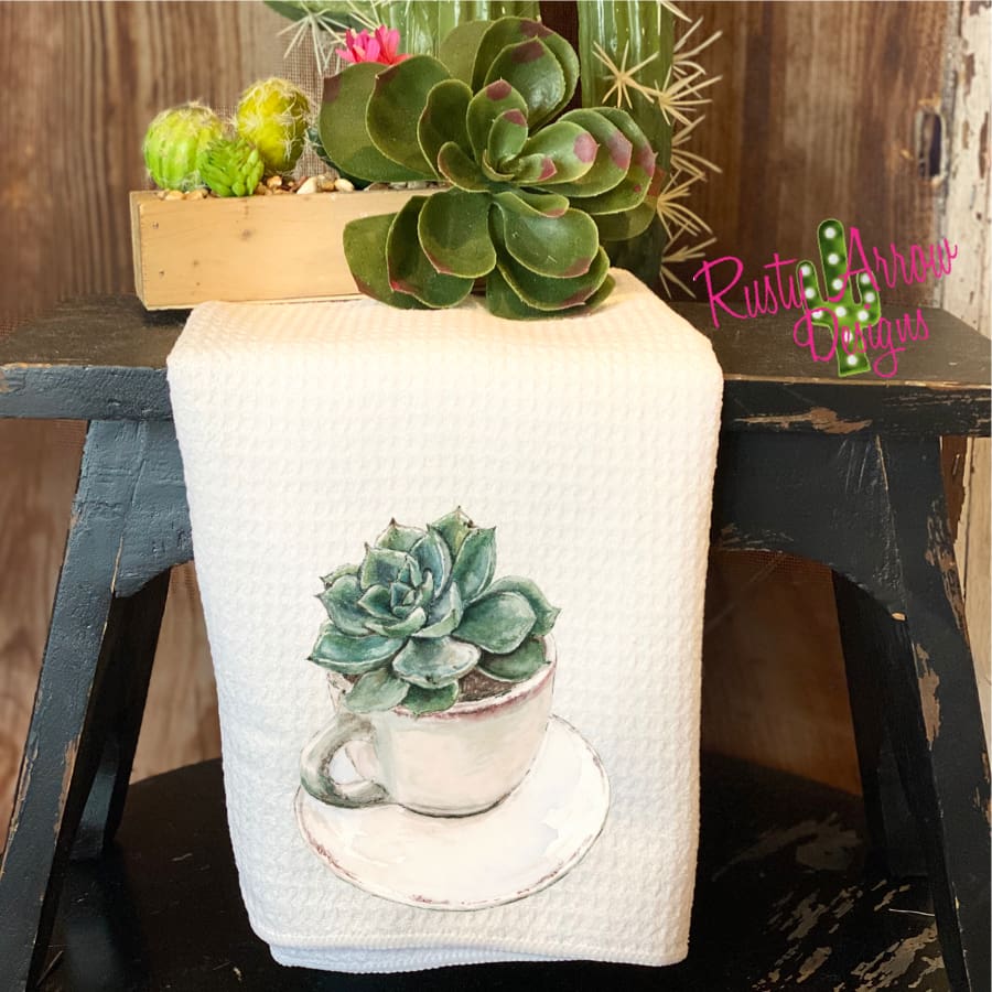 Succulent Coffee Cup Waffle Weave Tea Towel