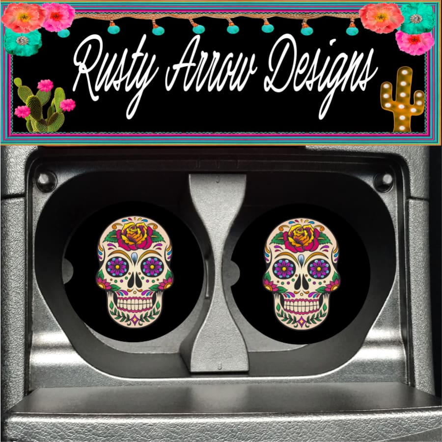 Sugar Skull Black Set of 2 Car Coasters