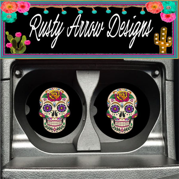 Rusty Arrow Designs - Sugar Skull Black Set of 2 Car Coasters