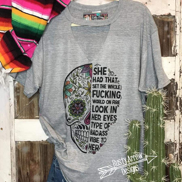 Sugar Skull Look in Her Eyes Gray Tee Shirt