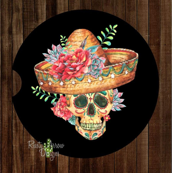 Sugar Skull with Straw Hat Set of 2 Car Coasters - Car Coasters