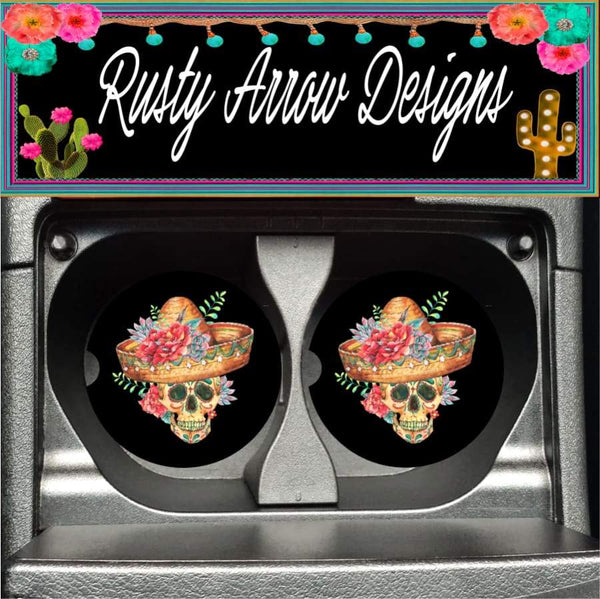Sugar Skull with Straw Hat Set of 2 Car Coasters - Car Coasters