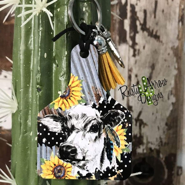 Sunflower Cow Livestock Ear Tag Key chain