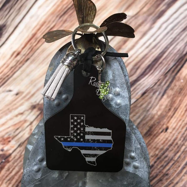 Texas Thin Blue Line Livestock Ear Tag Key Chain