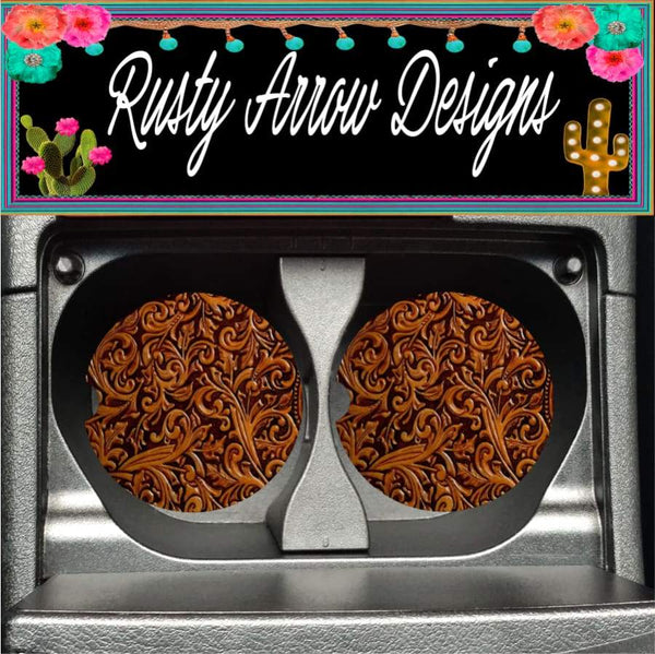 Tooled Leather Set of 2 Car Coasters - Car Coasters