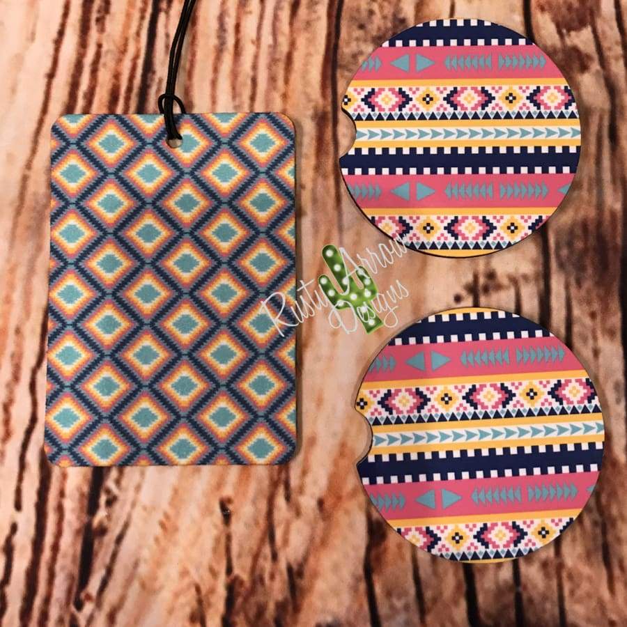Tribal Air Freshener and Coaster Set Pink 1