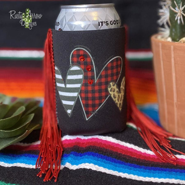 Trio Buffalo and Cheetah Hearts Fringe Trim 12 oz Koozie - Koozie