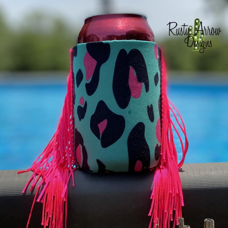 Turquoise and Hot pink Cheetah Fringe Trim 12 oz Koozie