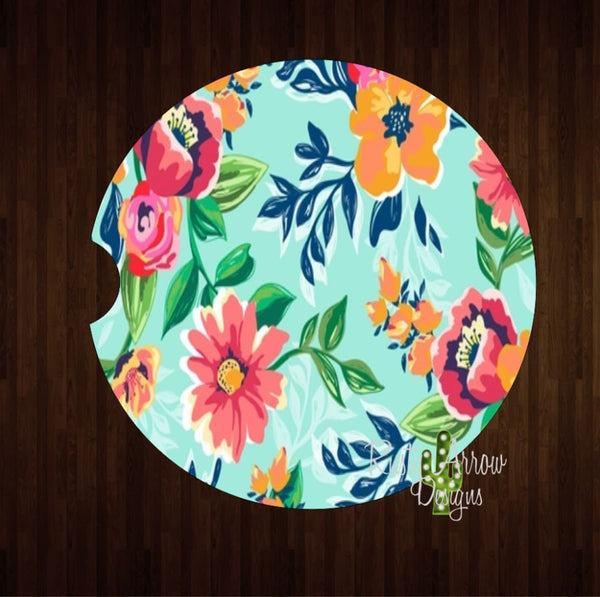 Turquoise and Orange Boho Floral Set of 2 Car Coasters - Car Coasters