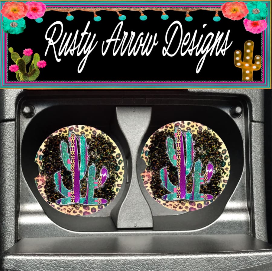 Turquoise and Purple Cactus Set of 2 Car Coasters