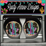 Turquoise and Purple Cactus Set of 2 Car Coasters - Car Coasters