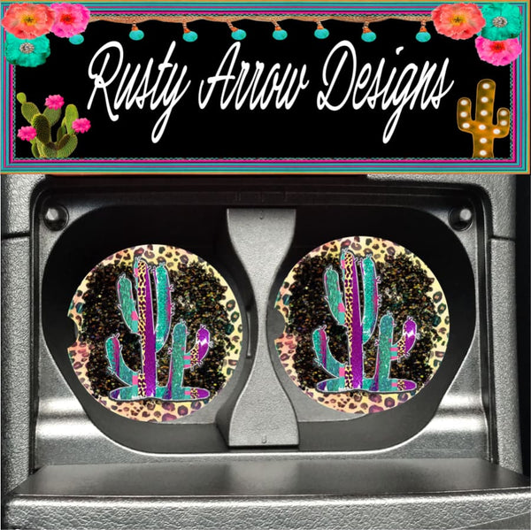 Turquoise and Purple Cactus Set of 2 Car Coasters - Car Coasters