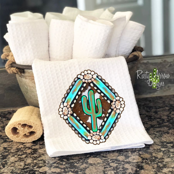 Turquoise Cactus Waffle Weave Tea Towel