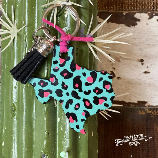 Turquoise Cheetah Texas Key Chain