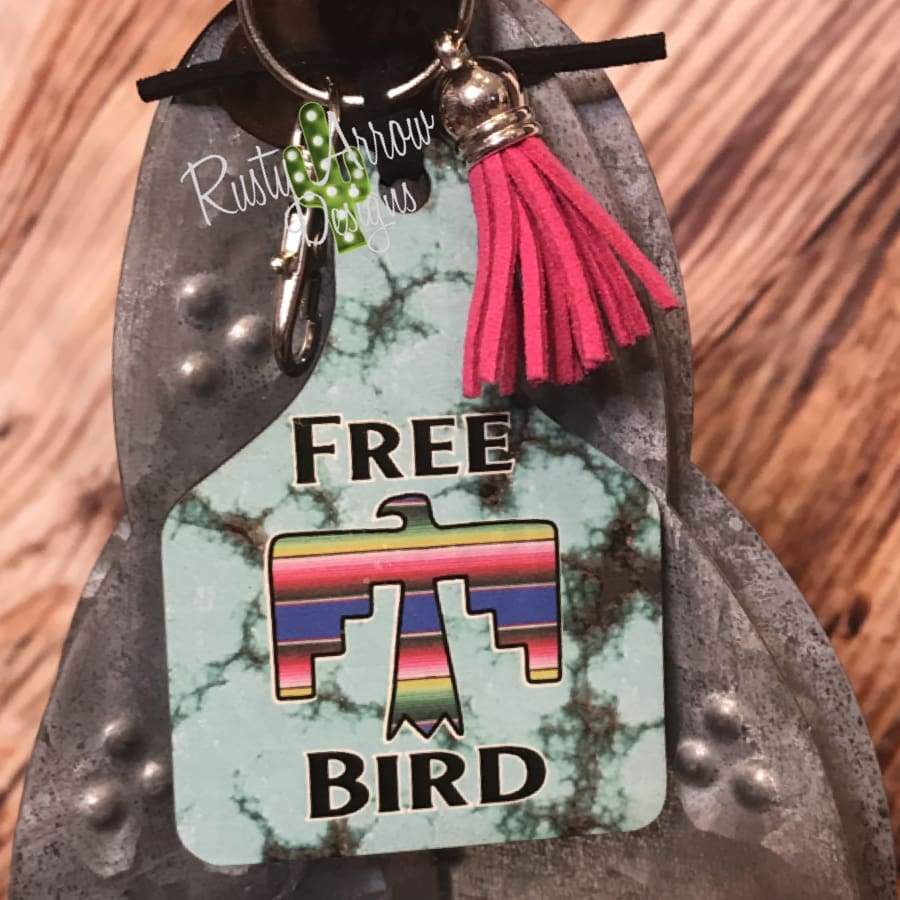 Turquoise Freebird Livestock Ear Tag Key Chain