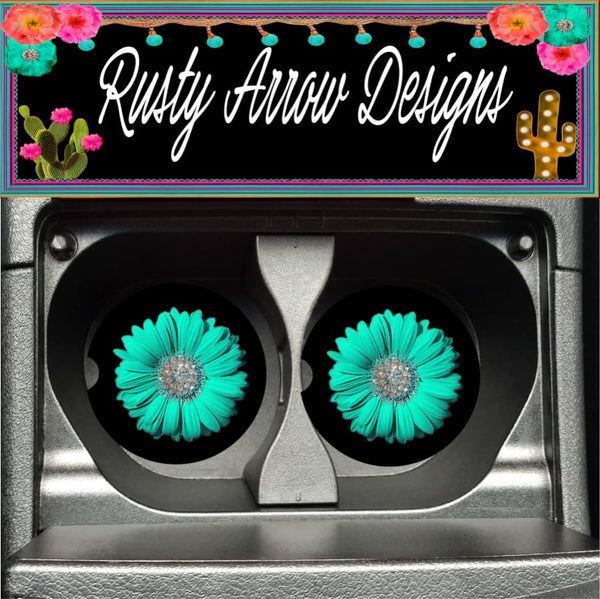 Turquoise Gerbera Daisy Set of 2 Car Coasters - Car Coasters