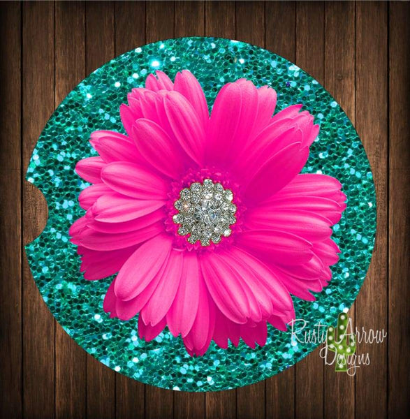 Turquoise Glitter with Pink Daisy Set of 2 Car Coasters - Car Coasters