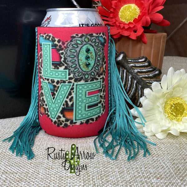 Turquoise Love Fringe Trim 12 oz Koozie - Koozie