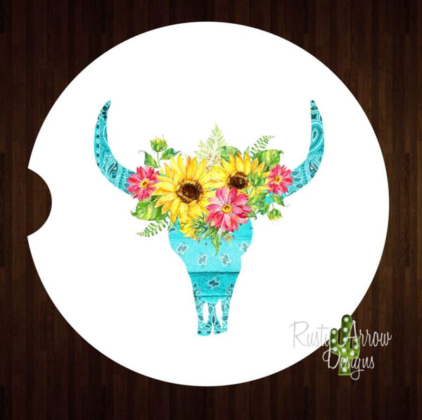 Turquoise Skull Set of 2 Car Coasters - Car Coasters