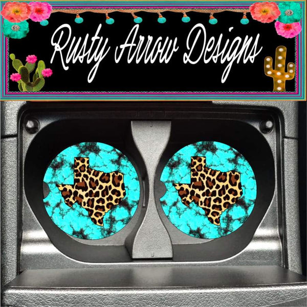 Turquoise Stone with Cheetah Texas Set of 2 Car Coasters - Car Coasters