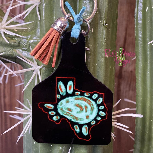 Turquoise Texas Livestock Ear Tag Keychain