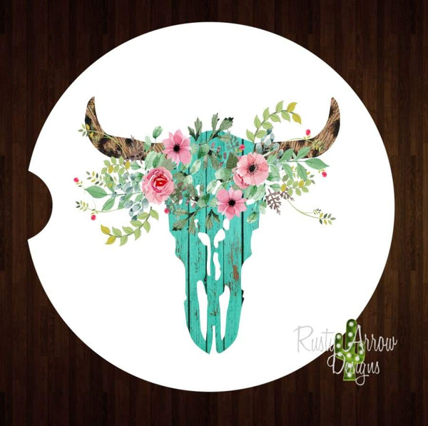 Turquoise Wood cow Set of 2 Car Coasters - Car Coasters