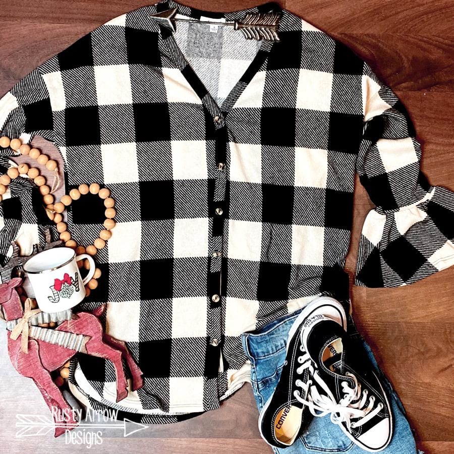 White Buffalo Plaid Button Down V-neck