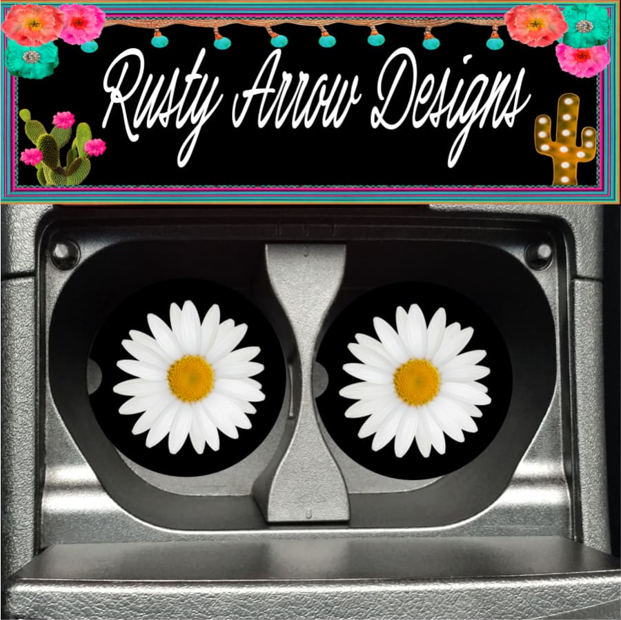 White Daisy Black Background Set of 2 Car Coasters