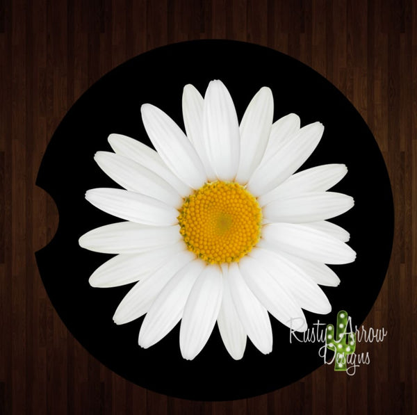 White Daisy Black Background Set of 2 Car Coasters - Car Coasters
