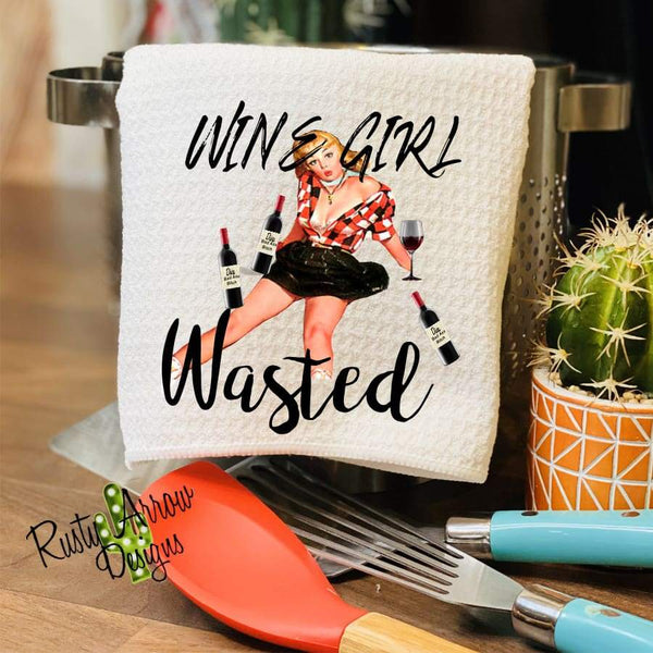 Wine Girl Wasted Waffle Weave Tea Towel