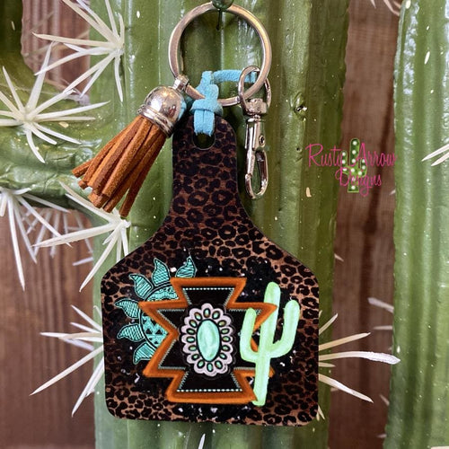 Aztec Turquoise Cactus Livestock Ear Tag Keychain