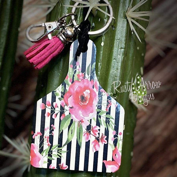 Black and White Stripe Pink Roses Livestock Ear Tag Key Chain