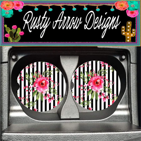 Black and white stripe with pink flowers Set of 2 Car Coasters - Car Coasters