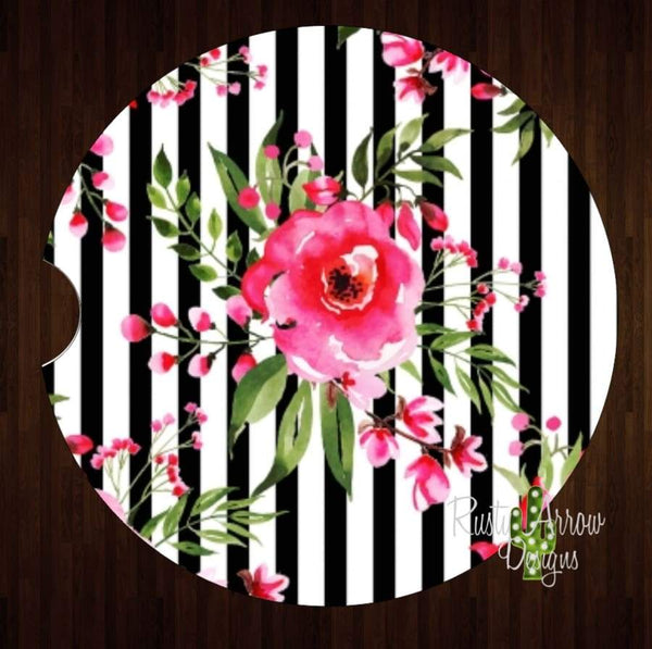 Black and white stripe with pink flowers Set of 2 Car Coasters - Car Coasters