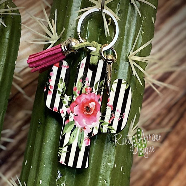Black and White Stripe with Pink Rose Cactus Key Chain