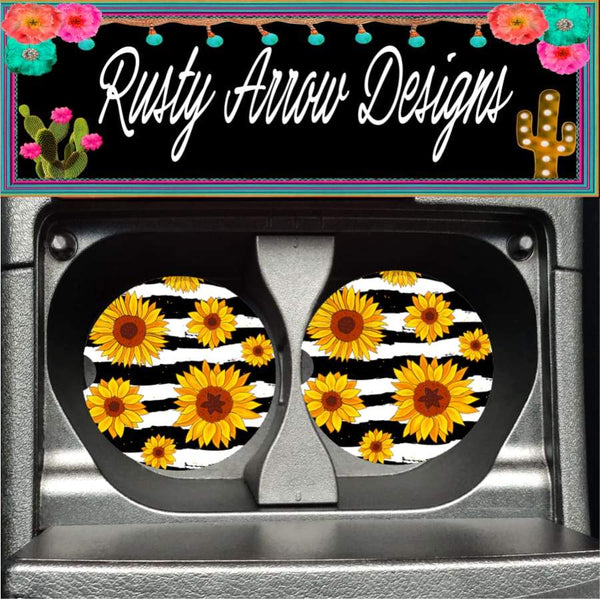 Black and White striped Sunflowers Set of 2 Car Coasters - Car Coasters