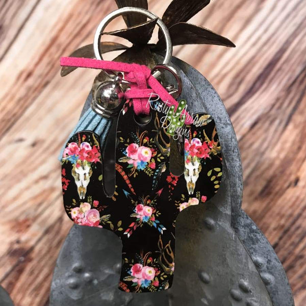 Black Flowers and Skull Cactus Key Chain
