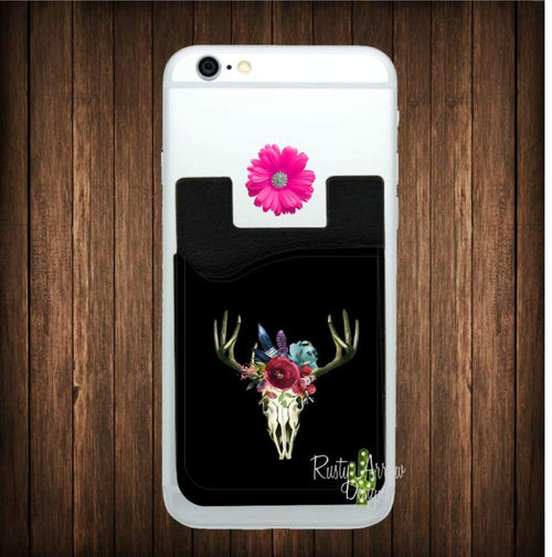 Black Skull with Flowers Cell Phone Card Caddy - Card Caddy