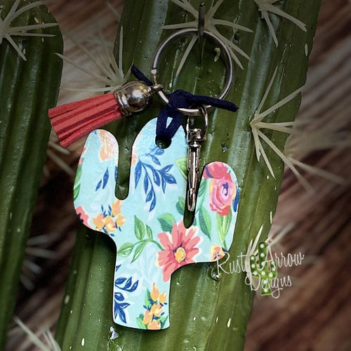 Blue and Pink Boho Flowers Cactus Key Chain
