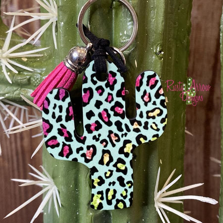 Cheetah Glitter Cactus Key Chain