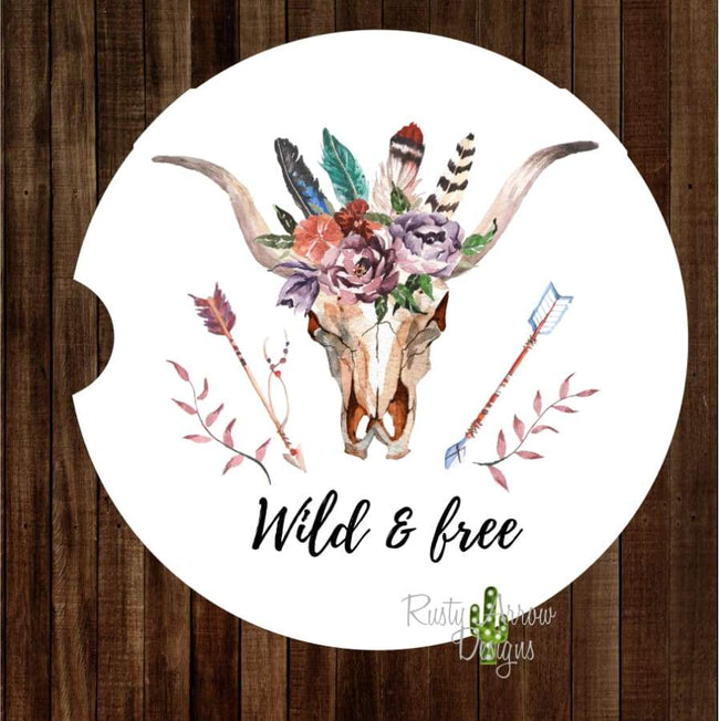 Bull Skull with Feathers and Arrows Wild and Free Set of 2 Car Coasters - Car Coasters